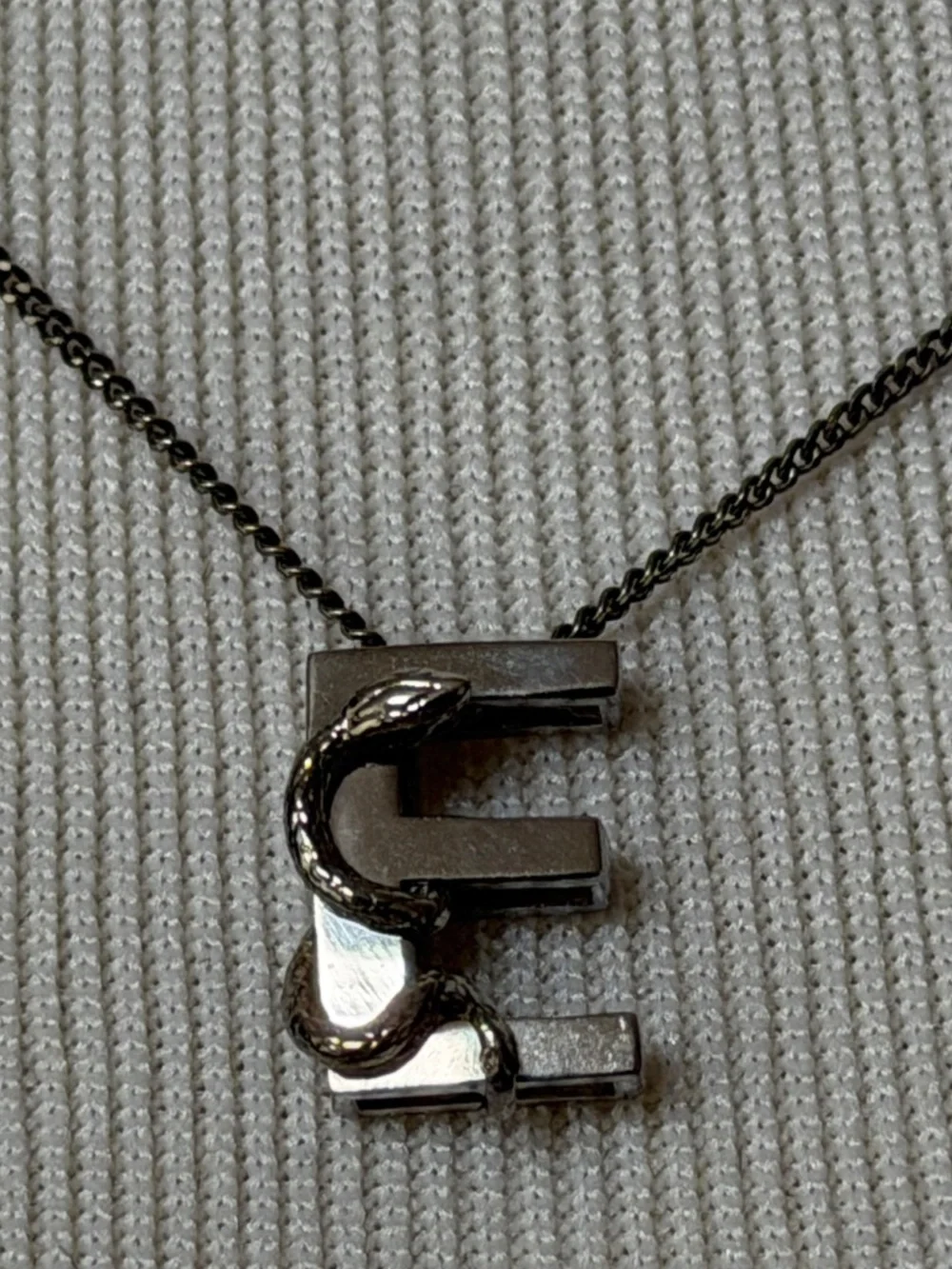 Saint Laurent YSL Sterling Silver E Initial Letter Snake Pendant Chain Necklace